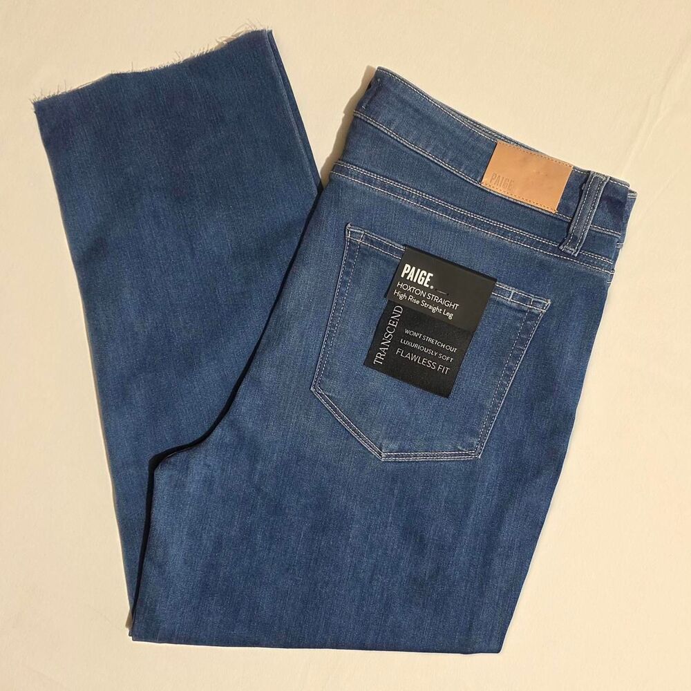 NWT PAIGE Hoxton Straight High Rise Jeans Blue Transcend Denim Size 32